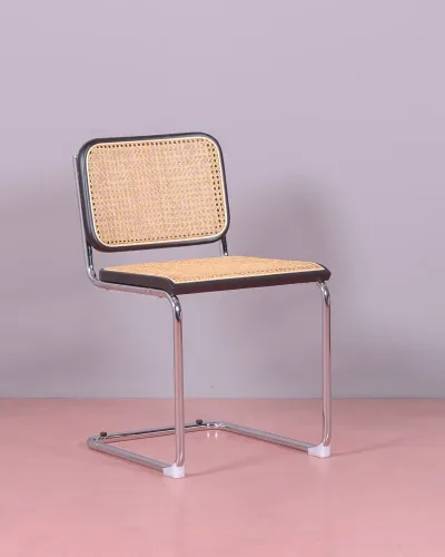 Silla retro en ratán natural y acero cromado - Cesca